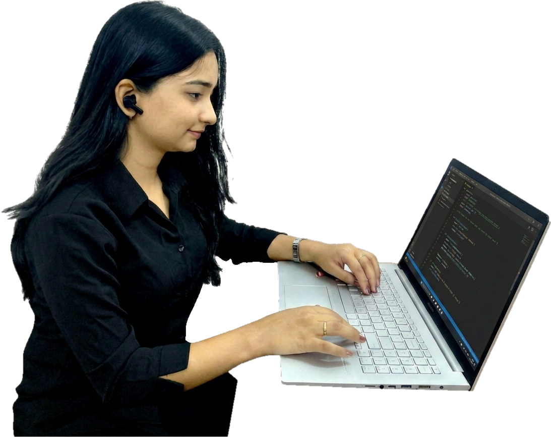 Prashasti working at her laptop