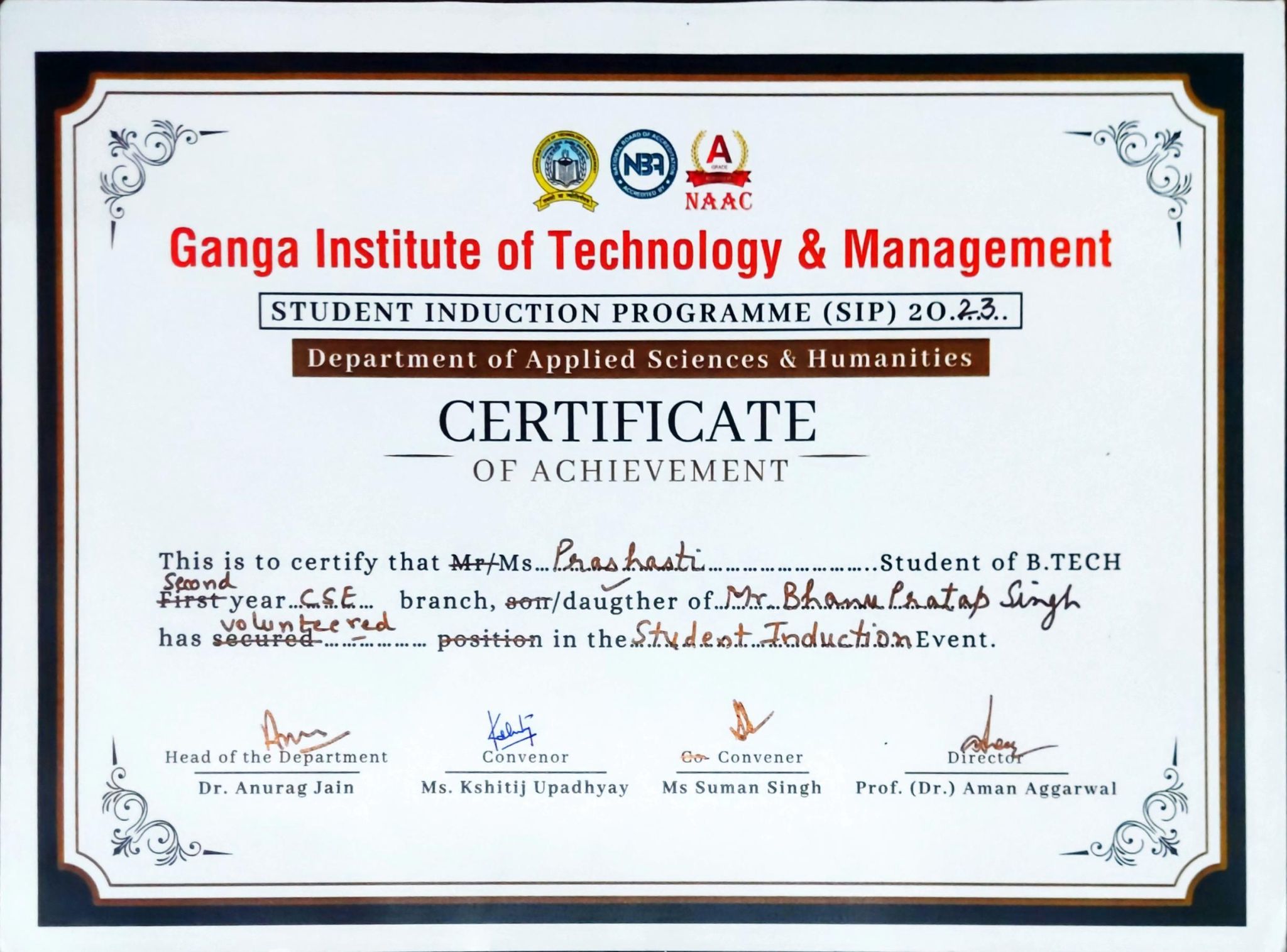 Student Induction Programme — Certificate of Achievement
