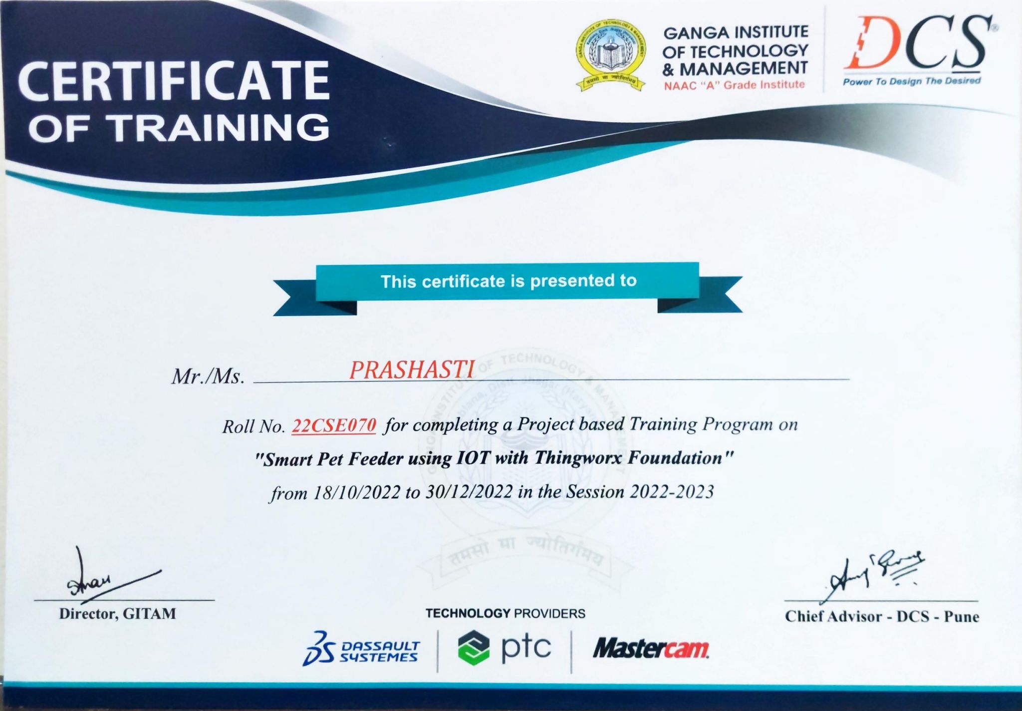 Certificate of Training — Smart Pet Feeder using IoT with Thingworx