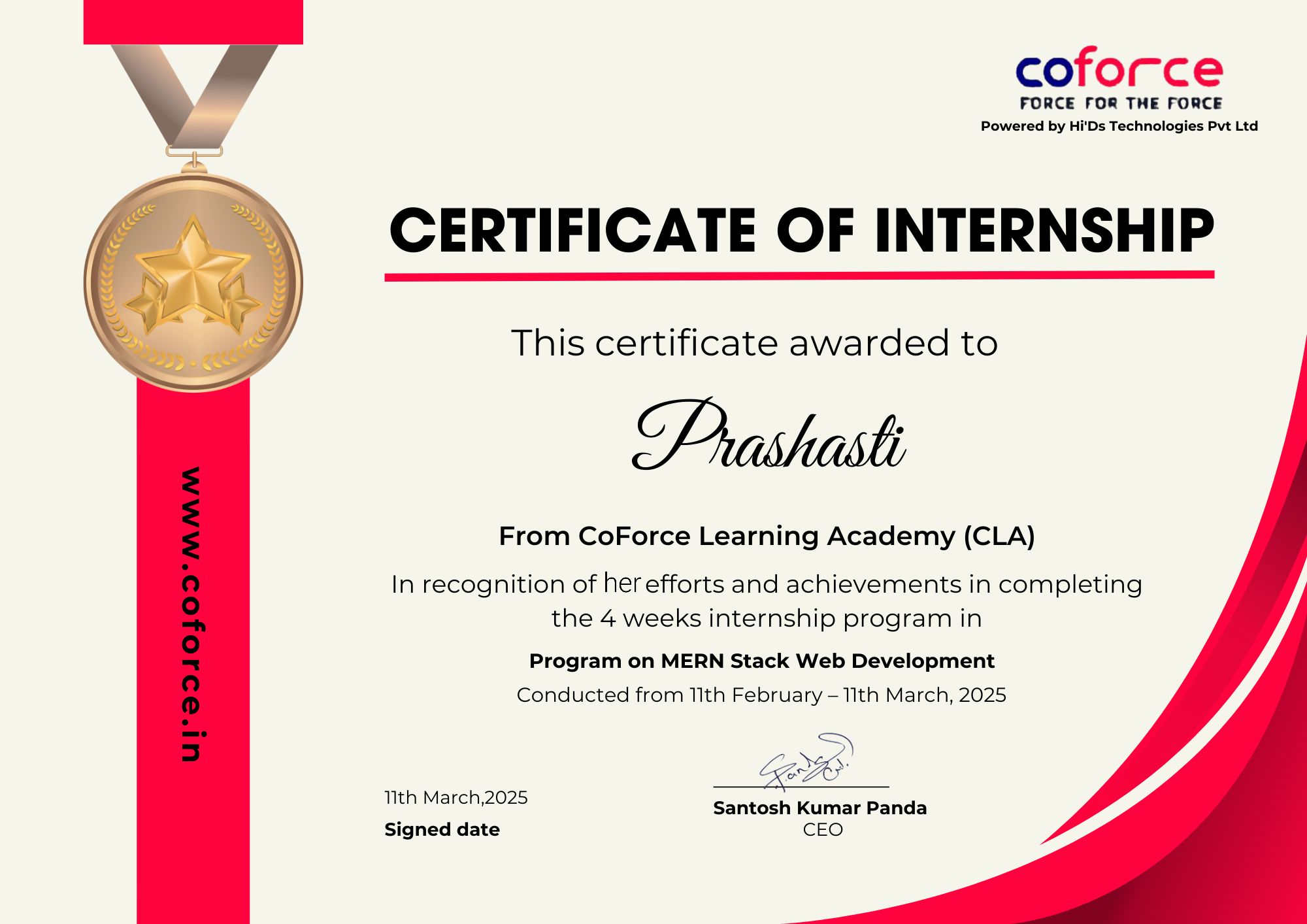 Certificate of Internship — MERN Stack Web Development